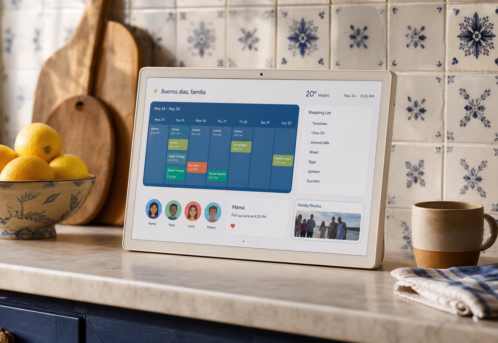 Pantalla de Tribusfera apoyada en la encimera de una cocina, mostrando el calendario familiar y la lista de la compra